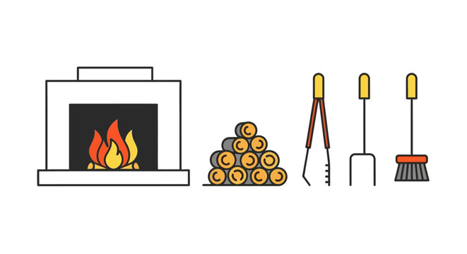 Fireplace with wood and tools.