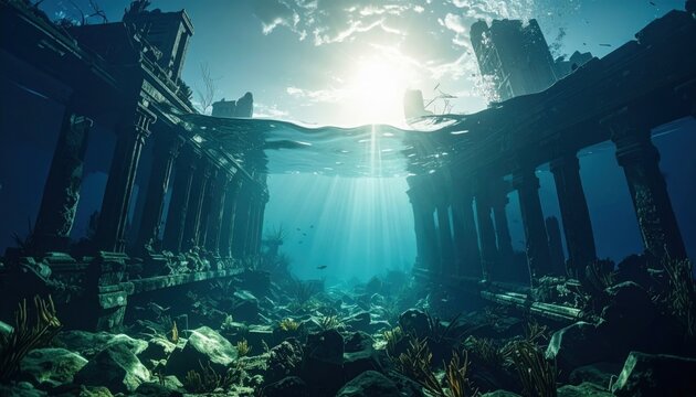 Ancient Underwater City Ruins Peeking Through Sunlit Ocean Surface