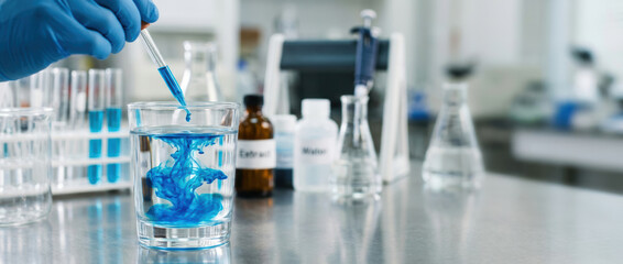 Fototapeta premium Laboratory food testing in glass beaker with blue liquid