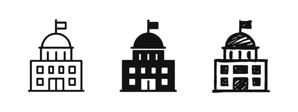 Government Building or Capitol Icon Set in Outline, Glyph, and Doodle Styles