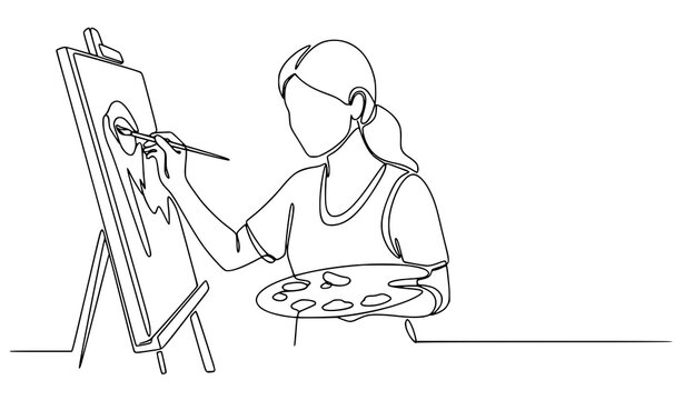 Abstract continuous line art of female artist painting on canvas with palette minimalist vector illustration