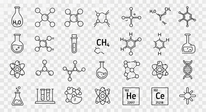 Collection of chemical formulas and molecular structures hand drawn icons.