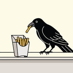 Obraz premium A black raven stands on a ledge, eating a yellow french fry from a carton