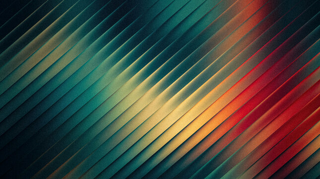 Abstract stripe background with diagonal lines in a gradient of teal, yellow, and red colors with a textured grain effect