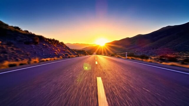 Scenic asphalt road heading towards a bright golden sunset with clear skies and mountains, travel concept.
