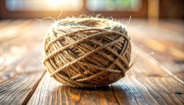 A tightly wound ball of natural twine resting on a weathered wooden surface, showcasing rustic texture and potential for crafting projects.