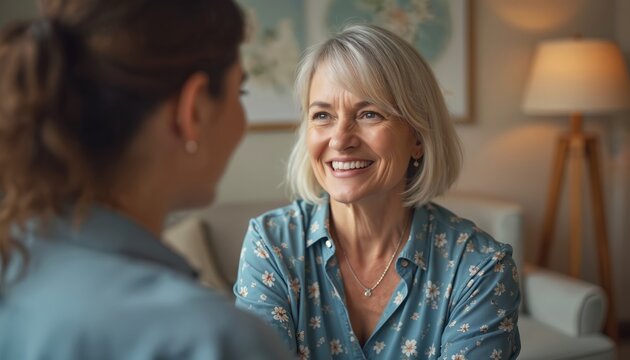 Two women talk indoors. Older woman with grey hair smiles warmly. Younger woman with dark hair listens attentively. Session is in cozy room.