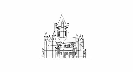 Fototapeta premium Stylized black and white sketch of a large Gothic church with a central tower