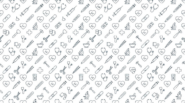 Seamless pattern of medical healthcare icons including stethoscope, heart, syringe, and cross on white background