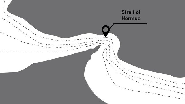 Aerial view of strait of hormuz shipping lane with cargo ship traffic, strategic maritime route, persian gulf shipping corridor
