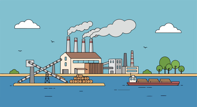 A riverside timber processing factory with smokestacks and a cargo barge vessel