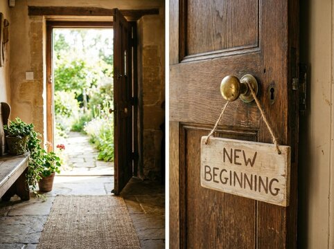 Open Wooden Door with New Beginning Sign Leading to Garden Path