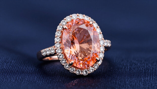 Luxurious Padparadscha Sapphire Diamond Halo Ring on Midnight Silk