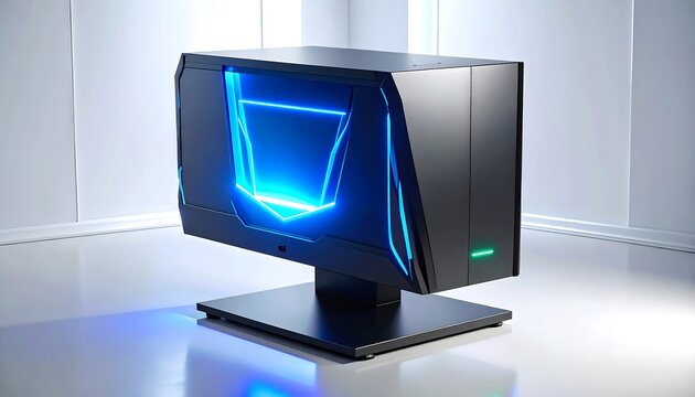 Futuristic-looking, black desktop computer with illuminated neon blue accents on a black stand in a studio environment