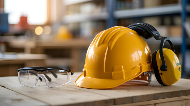 A yellow hard hat, safety glasses, and ear protectors on a wooden workbench in a workshop on transparent background