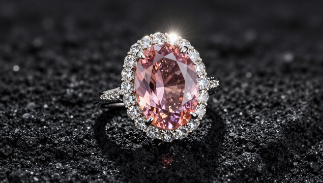 Dramatic Padparadscha Halo Ring on Textured Dark Granite