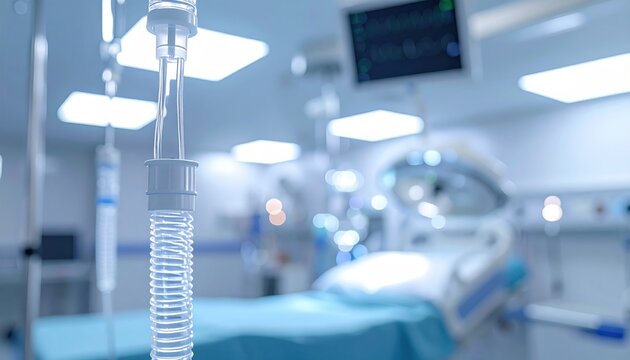 Close-up of medical ventilation tubing in a modern hospital operating room with blurred background