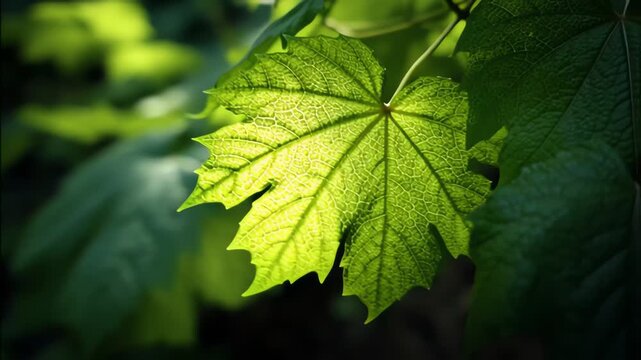 Close-up of Sunlit Green Leaf with Detailed Veins in Natural Setting