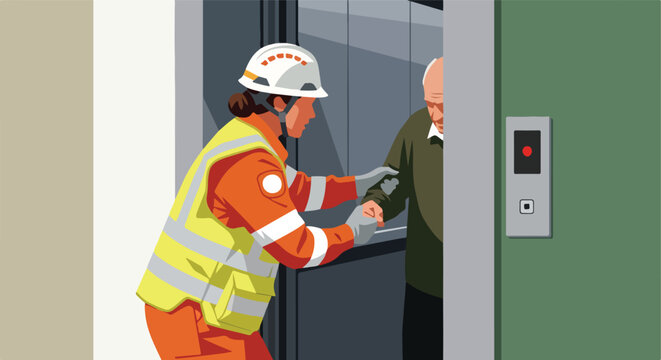 A rescue worker in safety gear helps an elderly man exit an elevator doorway