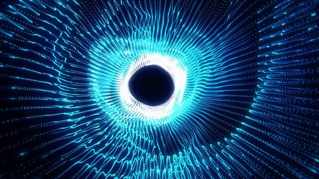 Futuristic blue circular vortex made of glowing data lines and dots