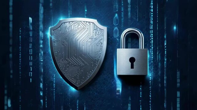 Metallic shield with circuit pattern next to a padlock against a dark blue futuristic digital background, glowing vertical light streaks