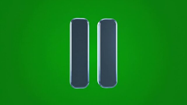 Metallic chrome play, pause, and transform animation against a green screen background