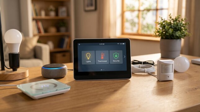 Modern smart home control panel tablet displaying lighting and temperature settings surrounded by connected devices like a smart speaker smart bulb and thermostat on a wooden table