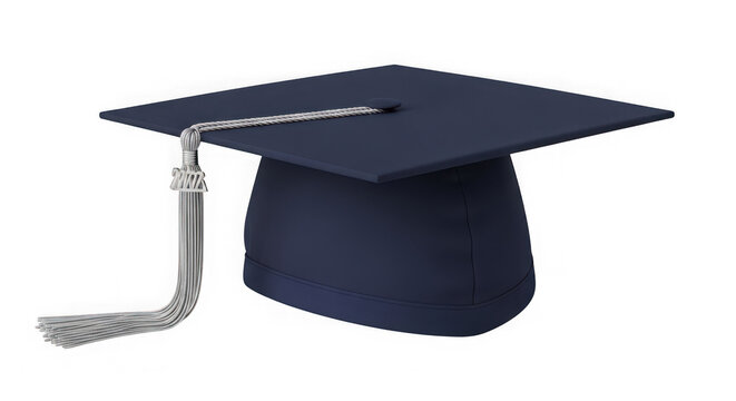 Navy blue graduation cap with silver tassel isolated on transparent background for academic achievement