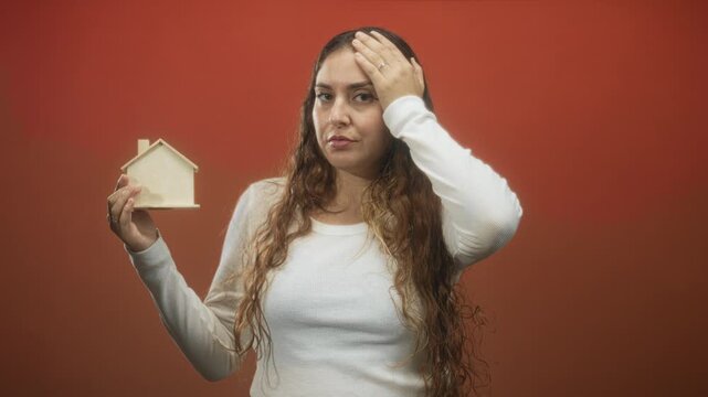 Young brunette woman holding wooden house model with hand on forehead in studio; mortgage debt anxiety.