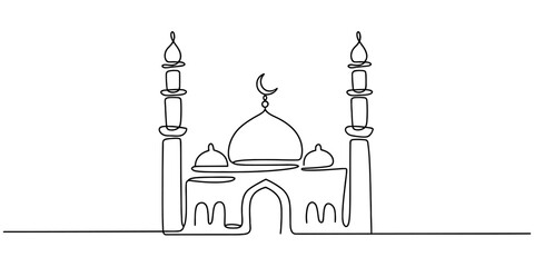 Continuous line drawing of a mosque with a central dome and two minarets on a white background. Vector, illustration © Nebaron