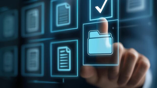Finger touching a glowing folder icon on a transparent digital interface with document icons and checkmark, blue tech background