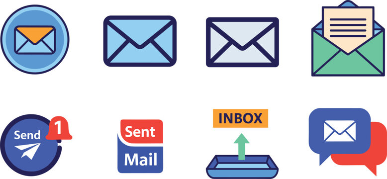 Email and messaging icons set with inbox send mail notification envelope communication app interface elements flat design