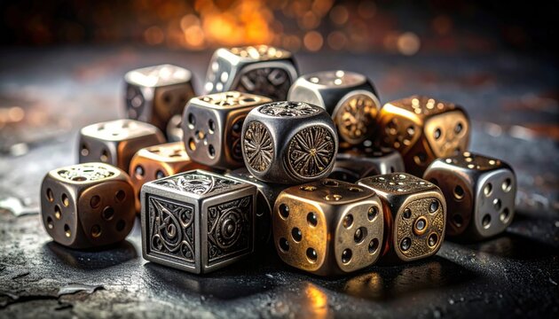 Assorted custom-made metal polyhedral dice for tabletop gaming and roleplaying adventures