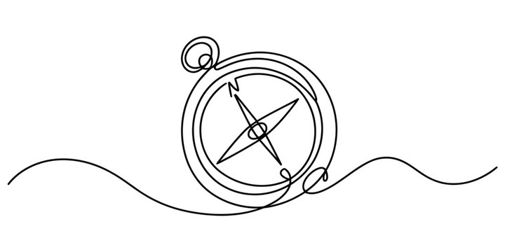 Continuous line drawing of a navigation compass with wavy horizontal lines on a white background Vector, illustration