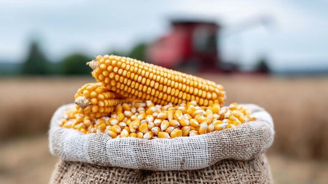 Corn kernels in sack topped with ears in field with harvester