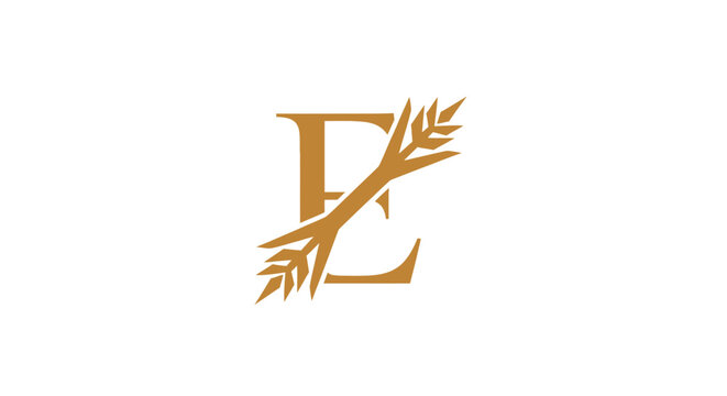 Elegant gold letter E monogram with leaf branch motif