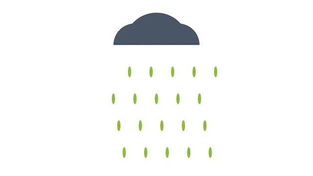 Minimalist flat vector animation of a dark grey cloud with green raindrops falling downwards