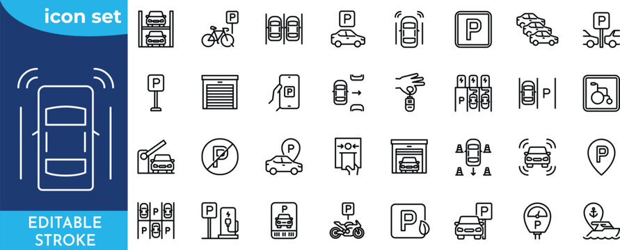 Parking line editable icon set. editable stroke. Contain icons related to parking, parking signs, parking area, and more.