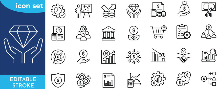 Cost Saving icon set. Editable stroke. Containing saving, budget, cost, efficiency, reduction, expense, planning, spending, investment, and more. Outline icons collection.