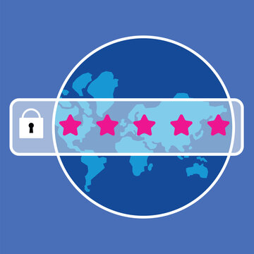 World Password Day Cyber Security Lock Vector Illustration globe with lock and hidden characters bar, representing online protection, secure access and digital privacy awareness in a clean modern tech