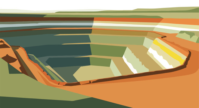 Stylized illustration of a large open pit mine with tiered levels and earth tones