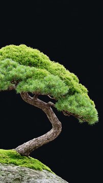Bonsai branch twisting over rock on dark background vertical composition