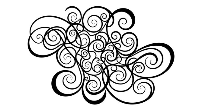 A black and white vector graphic illustration of swirling lines and curls