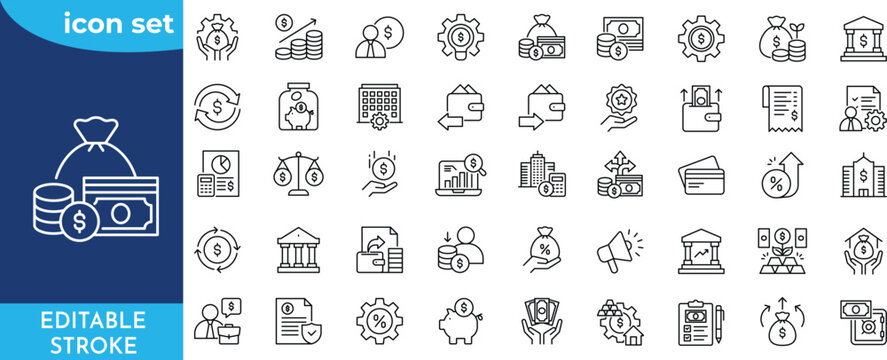 Money Management line editable icon set. Editable Stroke. Containing money management, budgeting, expense, finance, saving, income, and more.