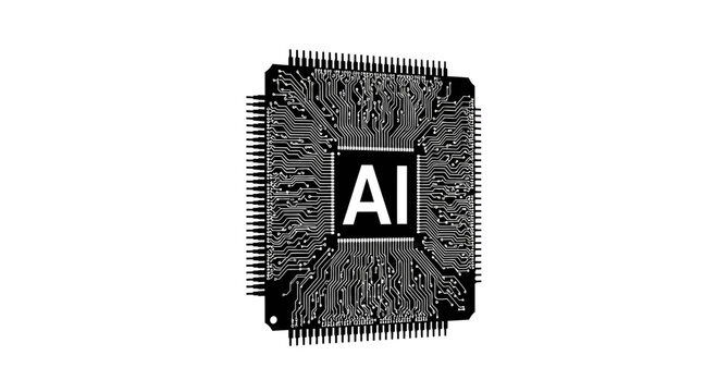 A vector graphic illustration of a computer chip with AI logo