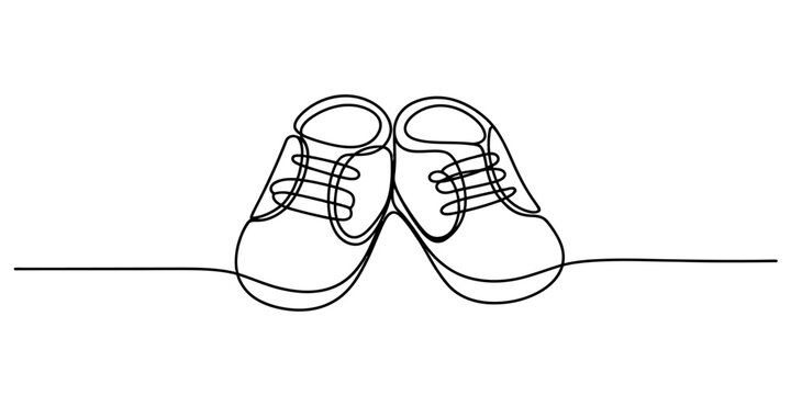 Minimalist continuous line drawing of a pair of baby shoes on a white background. Vector, illustration