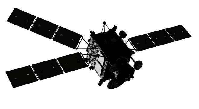A black silhouette of a satellite in space with solar panels extended