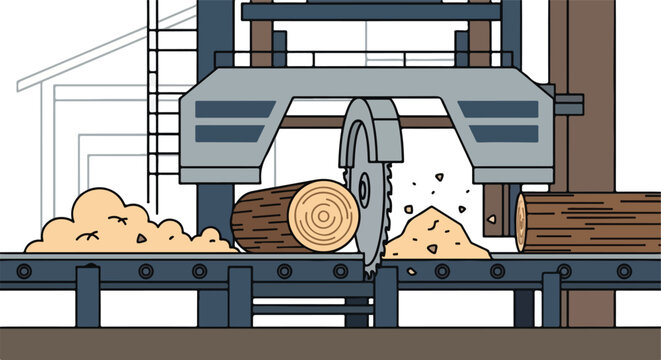 A large circular saw cuts a log on a conveyor belt in a industrial sawmill site