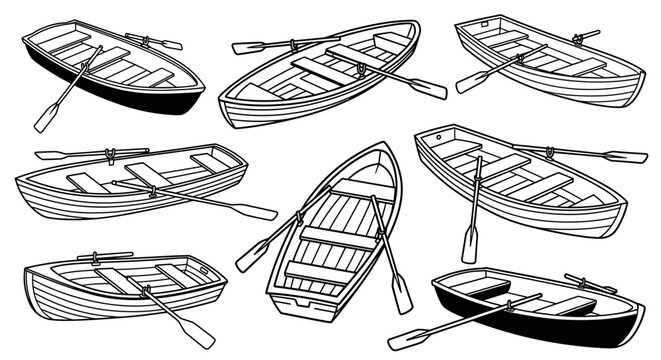 A set of vector illustrations of small boats with oars