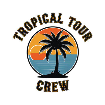 Tropical tour crew logo with palm tree and sunset design